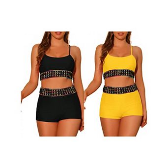 2 Sets Women's Contrast Color Bikini, High Waisted Scoop Neck Swimsuit Bathing Suit