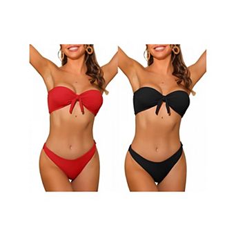 2 Sets Women's Bandeau Bikini Sets, Ribbed Bowknot Strapless with Bottoms Swimwear Bathing Suit
