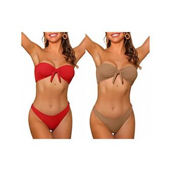 2 Sets Women's Bandeau Bikini Sets, Ribbed Bowknot Strapless with Bottoms Swimwear Bathing Suit