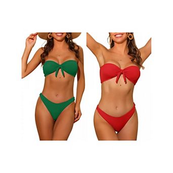 2 Sets Women's Bandeau Bikini Sets, Ribbed Bowknot Strapless with Bottoms Swimwear Bathing Suit