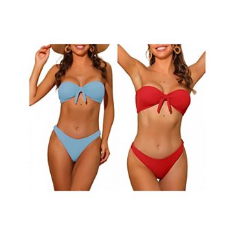 2 Sets Women's Bandeau Bikini Sets, Ribbed Bowknot Strapless with Bottoms Swimwear Bathing Suit
