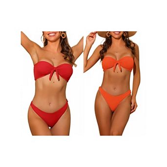 2 Sets Women's Bandeau Bikini Sets, Ribbed Bowknot Strapless with Bottoms Swimwear Bathing Suit
