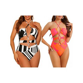 Women's Halter Allover Print Crisscross Color Block Bikini One Piece String Cut Out Swimsuit 2 pc