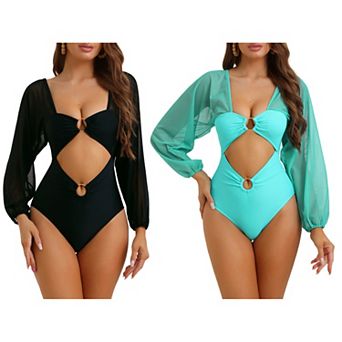 2 pc Women's Cut Out Ring Plunge Neck Shirred Bikini, One Piece Long Sleeves Mesh Tummy Control