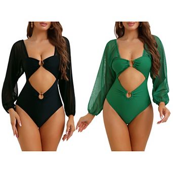 2 pc Women's Cut Out Ring Plunge Neck Shirred Bikini, One Piece Long Sleeves Mesh Tummy Control