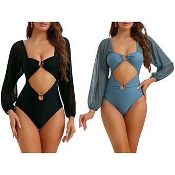 2 pc Women's Cut Out Ring Plunge Neck Shirred Bikini, One Piece Long Sleeves Mesh Tummy Control