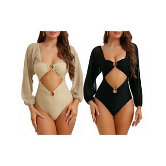 2 pc Women's Cut Out Ring Plunge Neck Shirred Bikini, One Piece Long Sleeves Mesh Tummy Control