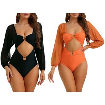 2 pc Women's Cut Out Ring Plunge Neck Shirred Bikini, One Piece Long Sleeves Mesh Tummy Control