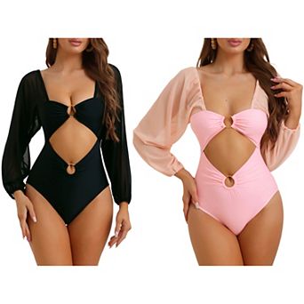 2 pc Women's Cut Out Ring Plunge Neck Shirred Bikini, One Piece Long Sleeves Mesh Tummy Control