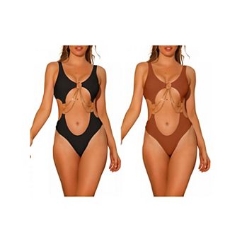 Women's Gold Chain Swimsuits V Neck Monokini, One Piece Cut Out Swimwear Bathing Suit 2 pc