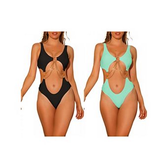 Women's Gold Chain Swimsuits V Neck Monokini, One Piece Cut Out Swimwear Bathing Suit 2 pc
