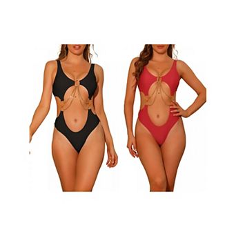 Women's Gold Chain Swimsuits V Neck Monokini, One Piece Cut Out Swimwear Bathing Suit 2 pc