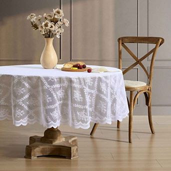 HLC.ME Isabella Floral Lace Fabric Tablecloth, Round Table Cloth, Wrinkle Resistant, Scalloped
