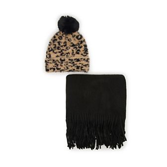 Women's madden girl 2 pc Eyelash Yarn Leopard Beanie & Scarf Set