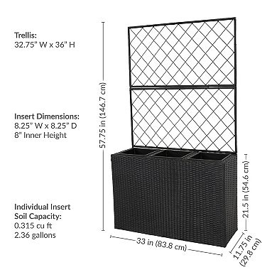 Sunnydaze 3-Section Wicker Planter Box with Trellis - Black