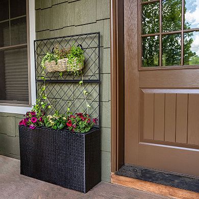 Sunnydaze 3-Section Wicker Planter Box with Trellis - Black