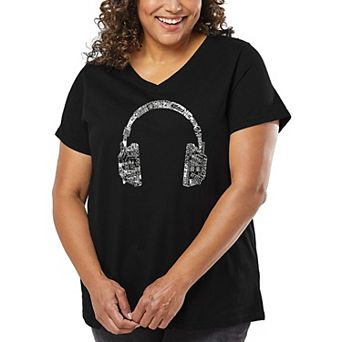 Women's Plus Size Word Art V-Neck - HEADPHONES - LANGUAGES