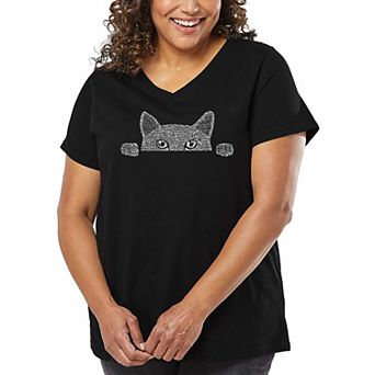 Women's Plus Size Word Art V-Neck - Peeking Cat