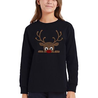 Peeking Reindeer - Girl's Word Art Long Sleeve T-Shirt