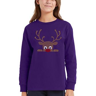 Peeking Reindeer - Girl's Word Art Long Sleeve T-Shirt