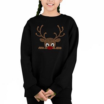 Peeking Reindeer - Girl's Word Art Crewneck Sweatshirt