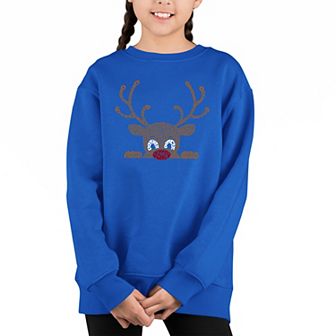 Peeking Reindeer - Girl's Word Art Crewneck Sweatshirt