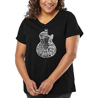 Women's Plus Size Word Art V-Neck - Rock Guitar Head