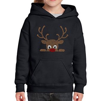 Peeking Reindeer - Girl's Word Art Hooded Sweatshirt