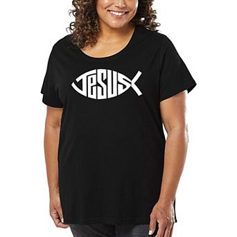 Women's Plus Size Word Art T-shirt - Christian Jesus Name Fish Symbol