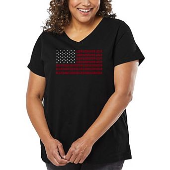 Women's Plus Size Word Art V-Neck - US Flag
