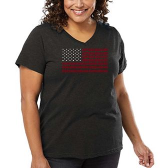 Women's Plus Size Word Art V-Neck - US Flag