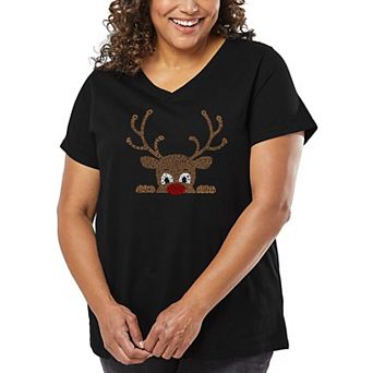 Peeking Reindeer - Women's Plus Size Word Art V-Neck