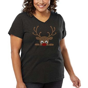 Peeking Reindeer - Women's Plus Size Word Art V-Neck