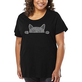 Women's Plus Size Word Art T-shirt - Peeking Cat