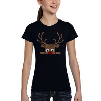 Peeking Reindeer - Girl's Word Art T-Shirt
