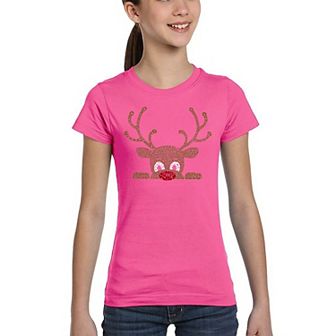 Peeking Reindeer - Girl's Word Art T-Shirt