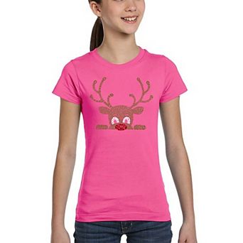 Peeking Reindeer - Girl's Word Art T-Shirt