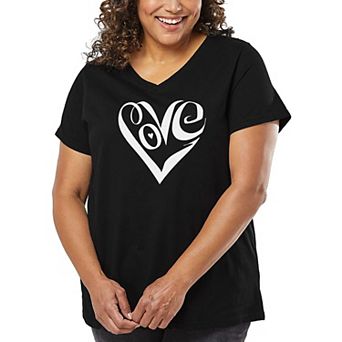 Women's Plus Size Word Art V-Neck - Script Love Heart