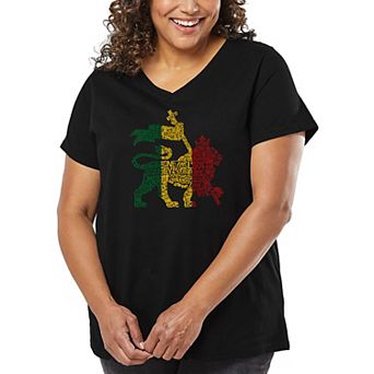 Women's Plus Size Word Art V-Neck - Rasta Lion - One Love