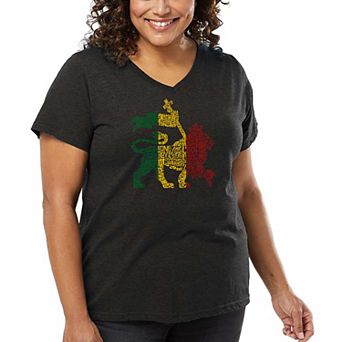 Women's Plus Size Word Art V-Neck - Rasta Lion - One Love