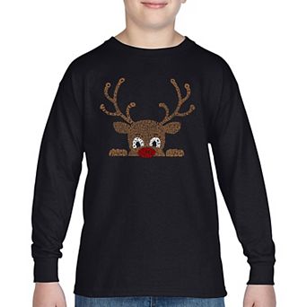 Peeking Reindeer - Boy's Word Art Long Sleeve T-Shirt