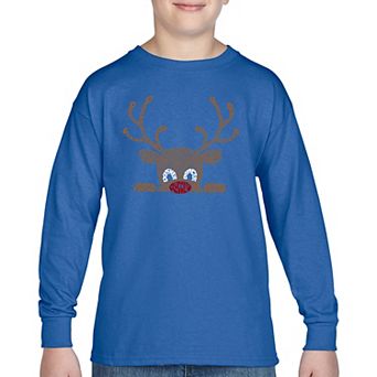 Peeking Reindeer - Boy's Word Art Long Sleeve T-Shirt
