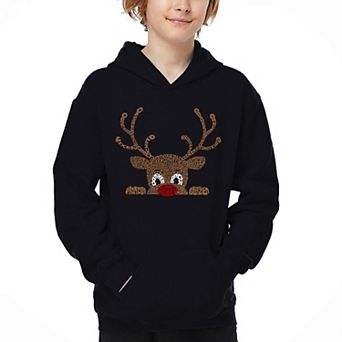 Peeking Reindeer - Boy's Word Art Hooded Sweatshirt