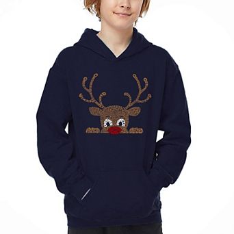 Peeking Reindeer - Boy's Word Art Hooded Sweatshirt