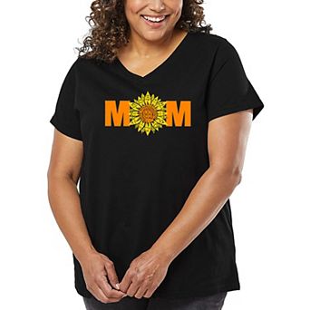 Women's Plus Size Word Art V-Neck - Mom Sunflower