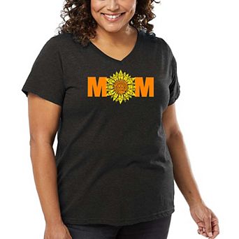 Women's Plus Size Word Art V-Neck - Mom Sunflower