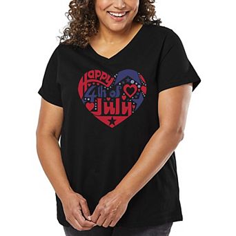 Women's Plus Size Word Art V-Neck - July 4th Heart
