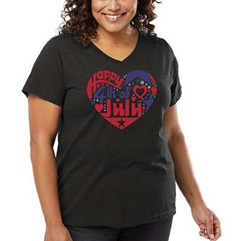 Women's Plus Size Word Art V-Neck - July 4th Heart
