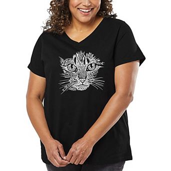 Women's Plus Size Word Art V-Neck - Cat Face