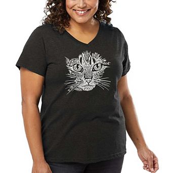 Women's Plus Size Word Art V-Neck - Cat Face